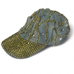 Y2K Denim Rhinestone Gold Bling Baseball Cap Cowgirl Festival Hat Baddie Winkle